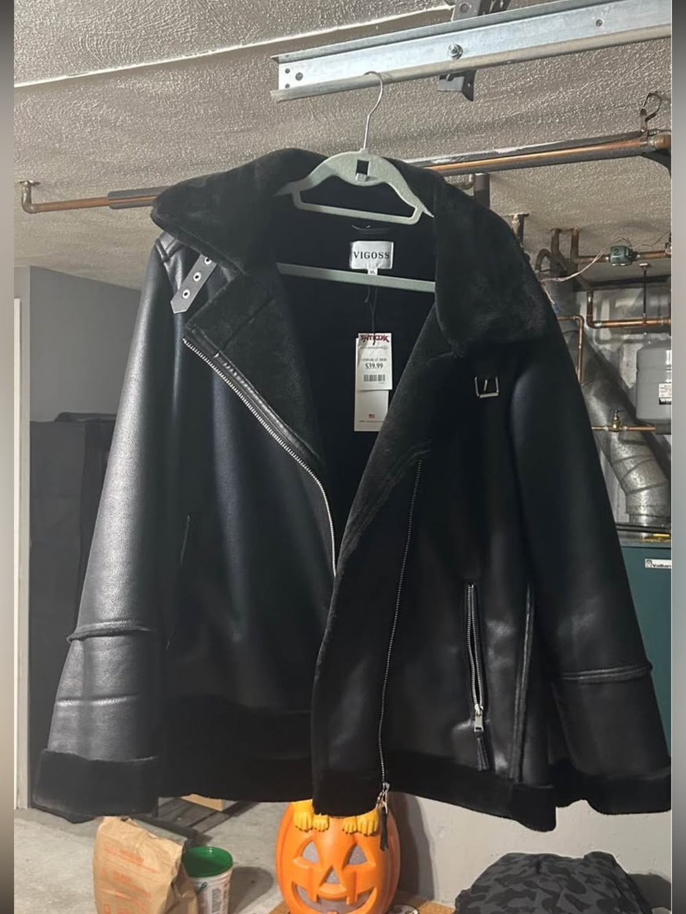 Vigoss Black Faux Leather Shearling-Trim Moto Jacket